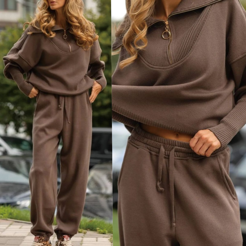 💥💥Women's Casual Sporty 2-Piece Set - Half-Zipper Lapel Top & Matching Jogger-9