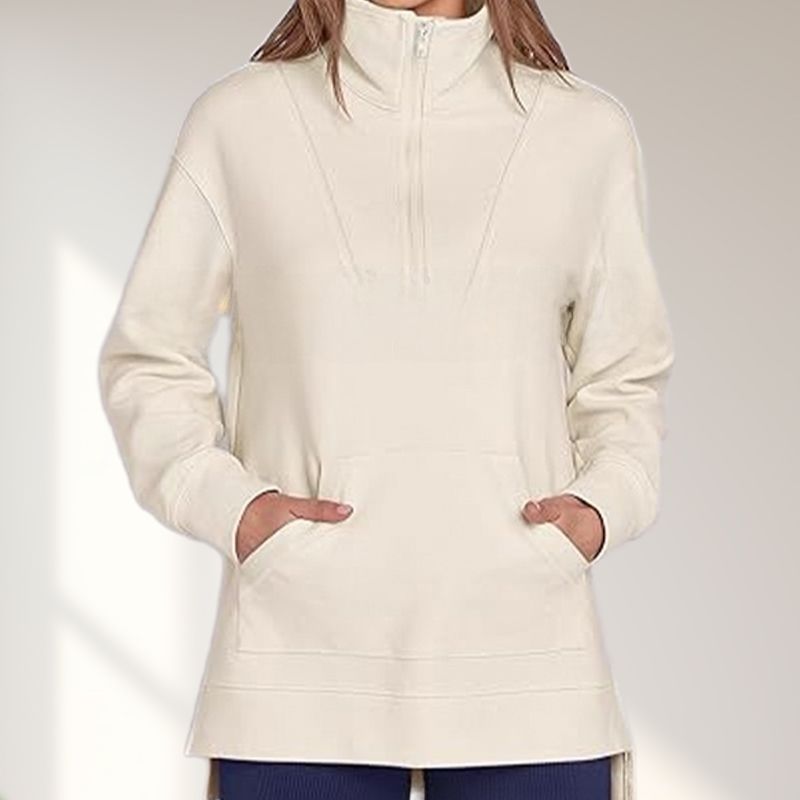 Women’s Casual Half-zip Lapel Pullover Tops with High-low Hem-3