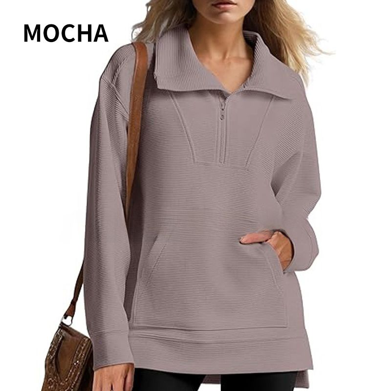 Women’s Casual Half-zip Lapel Pullover Tops with High-low Hem-10