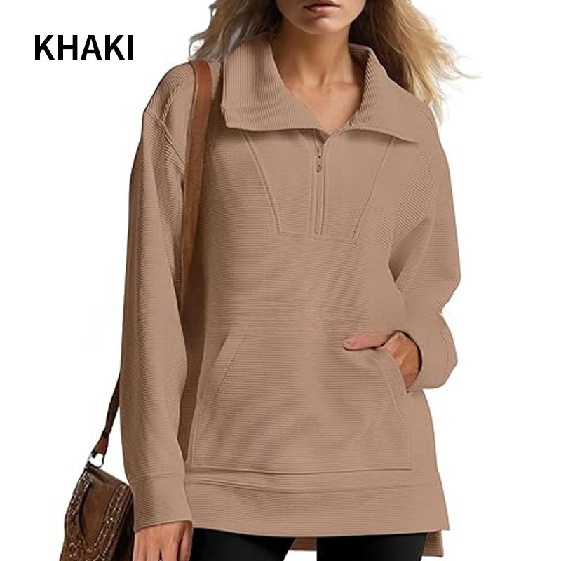 Women’s Casual Half-zip Lapel Pullover Tops with High-low Hem-9